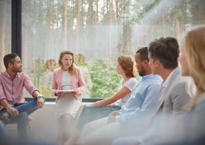 Group of people meeting in front of a large window with a view of trees